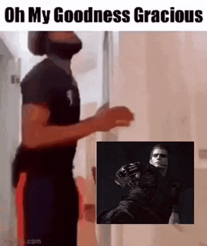 a man with a beard is running in a hallway next to a picture of a man with a gun .