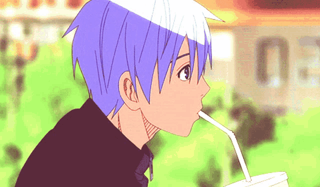a boy with blue hair drinking through a straw with the number 20 in the background