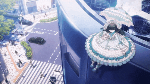 a doll in a white dress with a blue umbrella is hanging from a building