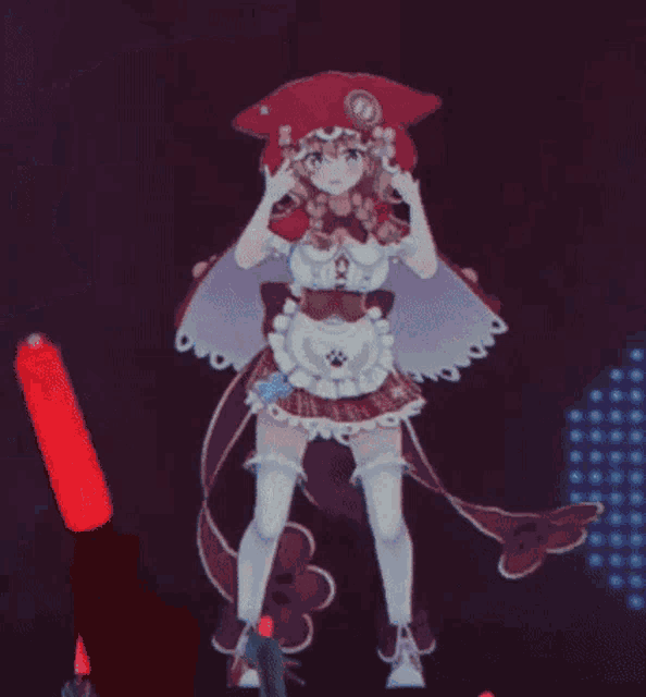 a little red riding hood anime character is wearing a red hat and a white apron .
