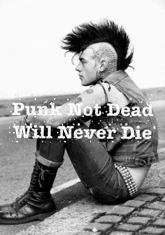 a man with a mohawk is sitting on the side of the road with the words punk not dead will never die