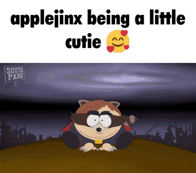 a cartoon of a raccoon with the words applejinx being a little cutie below it