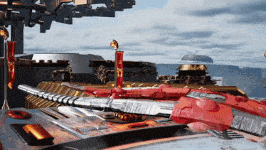 a video game scene with a red ship in the foreground and a tower in the background