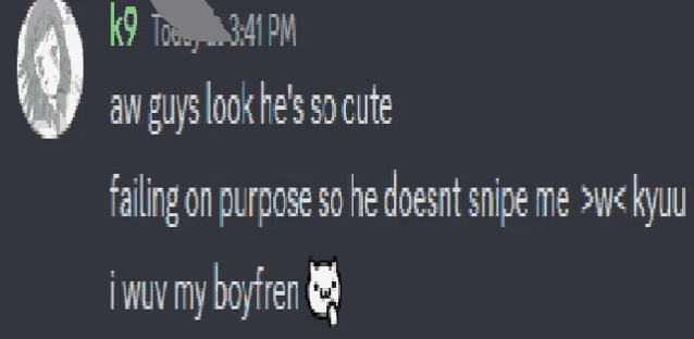 a screenshot of a discord conversation between k9 and aw guys