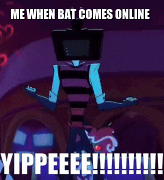 a cartoon character is standing on a bed and says me when bat comes online yippeee