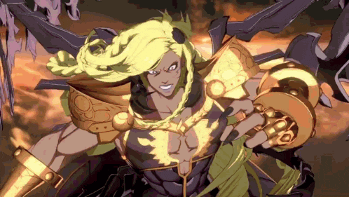 a cartoon character with long blonde hair is wearing a black and gold outfit