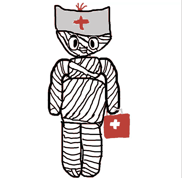 a black and white drawing of a mummy holding a red first aid kit