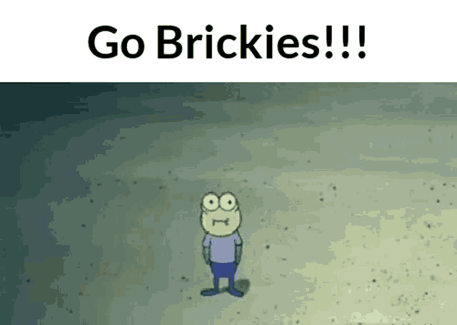 a cartoon character from spongebob squarepants is standing on the beach and says `` go brickies !! ''