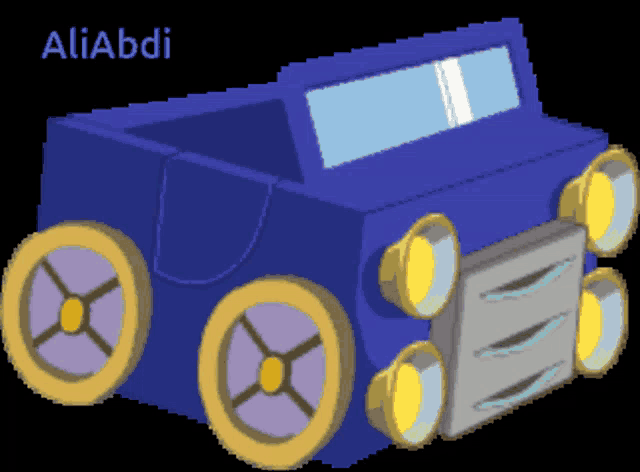 a pixel art of a blue car with yellow wheels and the name aliabdi