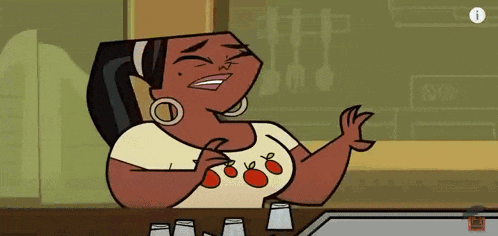a cartoon woman is sitting at a table with salt and pepper shakers and tomatoes on her shirt .