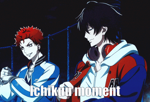 two anime characters standing next to each other with the words " ichikuu moment " on the bottom right