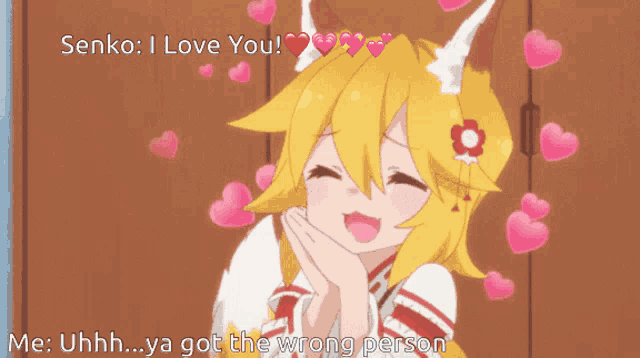 a cartoon of a fox girl with hearts around her and the words " senko i love you "