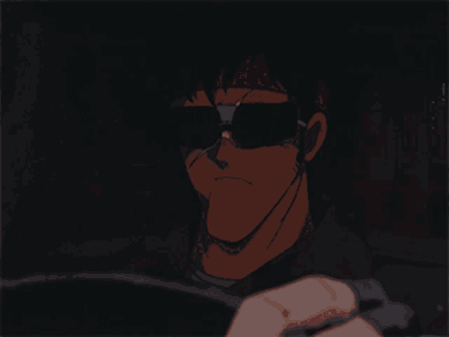 a cartoon man wearing sunglasses is driving a car