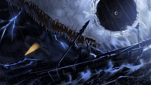 a painting of a boat in a storm with a shark and a balloon in the background