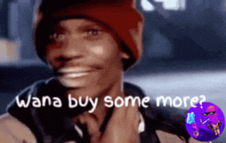 a man wearing a red beanie is smiling and asking if he can buy some more
