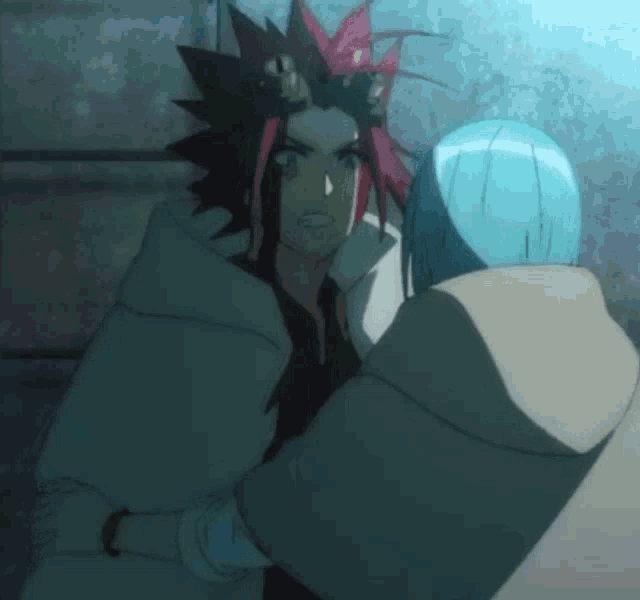 a cartoon character with red hair and a blue haired character hugging each other