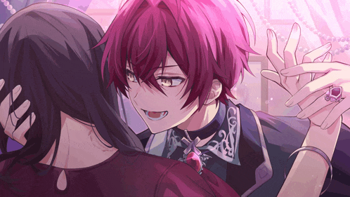 a man with red hair is dancing with a woman with long black hair