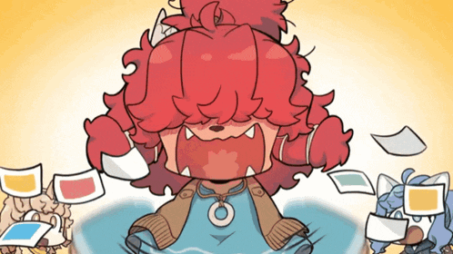 a cartoon drawing of a girl with red hair and a circle around her neck