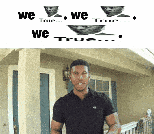 a man is standing in front of a house with the words we true written on the top