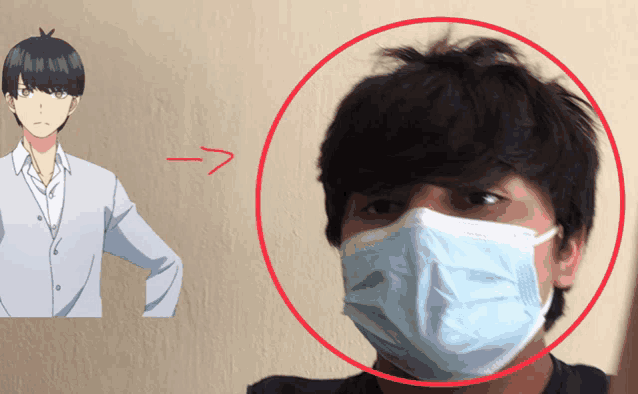 a man wearing a face mask has a red arrow pointing to the left