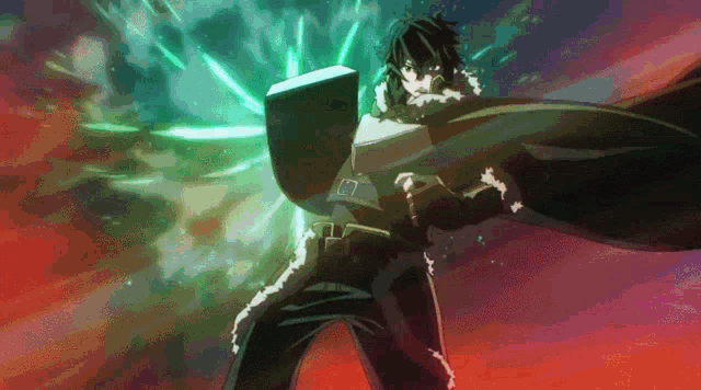 a man in a cape is holding a shield in his hand