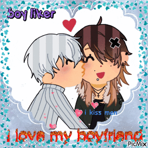 a cartoon of a boy kissing another boy with the words boy liker i love my boyfriend