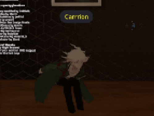 a video game character is laying on the floor in front of a sign that says carrion .
