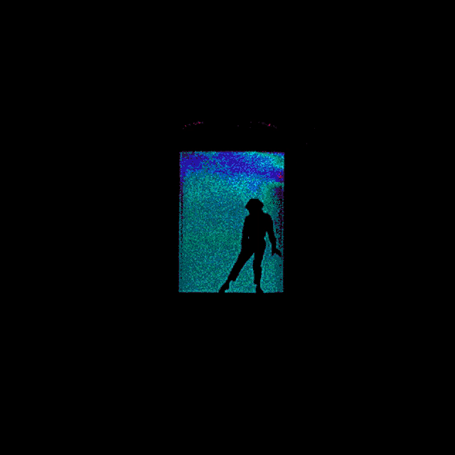 a silhouette of a person standing in front of a pink and blue background