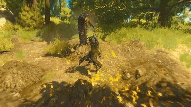 a video game character is fighting a monster in a field