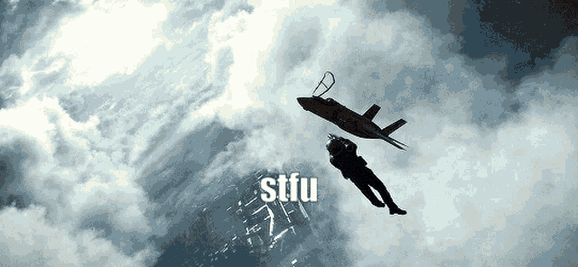 a man is falling from a plane with the word stfu written below him