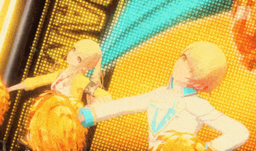 a couple of cheerleaders are dancing in front of a screen that says ' tokyo ' on it