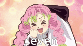 a cartoon of a girl with pink hair and the word seven .