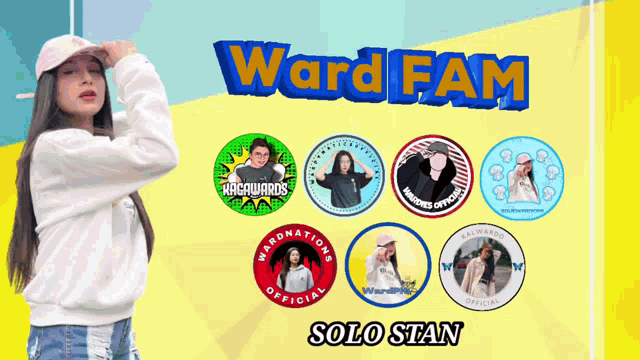 a girl is standing in front of a yellow and blue background that says ward fam solo stan