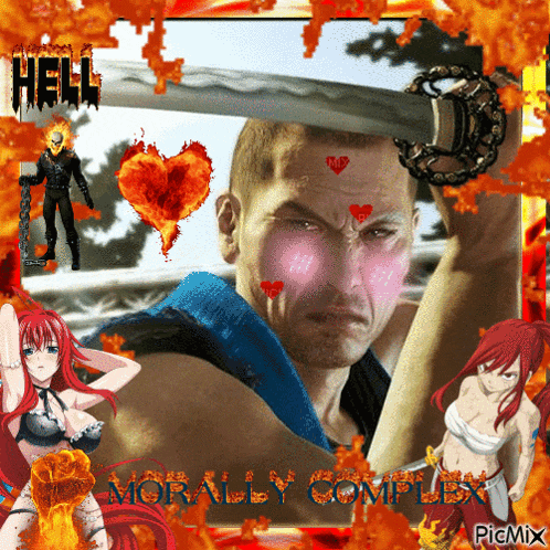a picture of a man holding a sword with the words morally complex on the bottom right