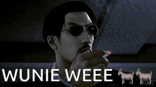 a man wearing sunglasses says " wunie weee " in a dark room