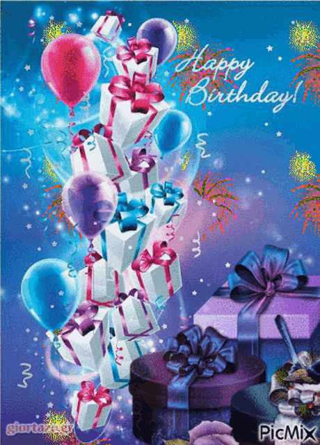 a birthday card with presents and balloons and the words happy birthday