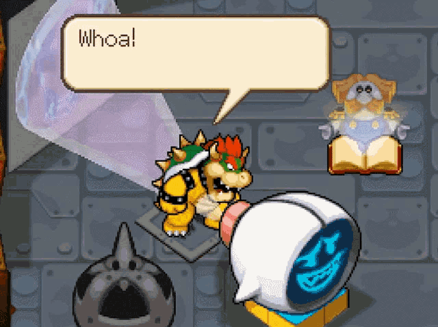a cartoon character with a speech bubble says whoa