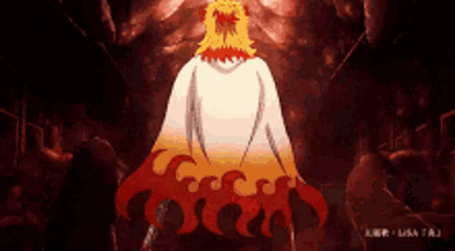 a man in a white cape is standing in a dark room with flames coming out of his cape .