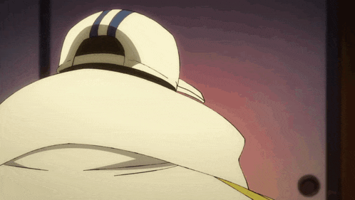 a cartoon character is wearing a white hat with a blue stripe on it