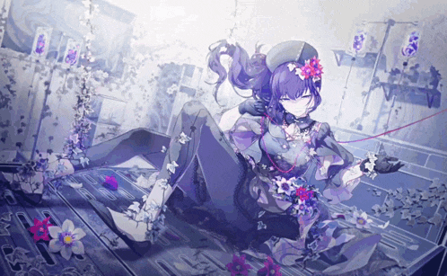 a girl with purple hair and flowers in her hair is laying down