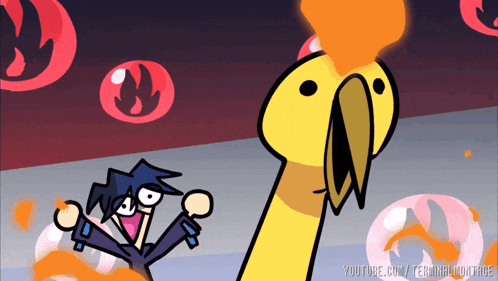 a cartoon of a man standing next to a yellow parrot with fire coming out of it 's mouth