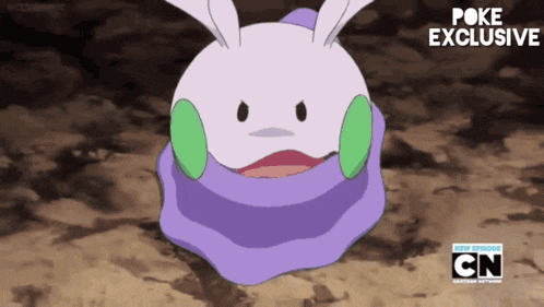 a cartoon of a purple and white rabbit with the words poke exclusive on the bottom