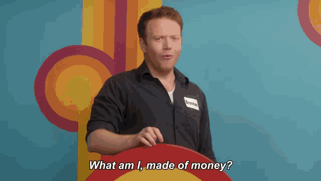 a man says what am i made of money in front of a rainbow background