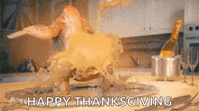 a happy thanksgiving greeting card with a turkey being covered in gravy and a bottle of champagne .