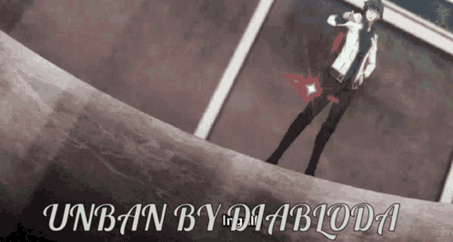 a man is standing on a ledge with the words " unban by diabloda " written below him