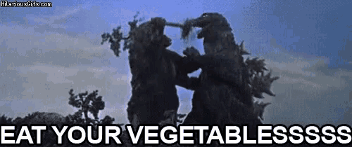 a silhouette of two monsters fighting with the words eat your vegetables sss .