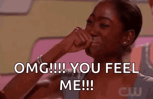 a woman is covering her face with her hand and saying `` omg !!! you feel me !!! '' .