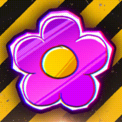 a purple flower with a yellow center is sitting on a yellow and black striped background .