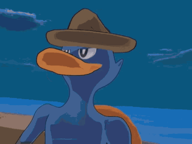 a cartoon character wearing a cowboy hat salutes the camera