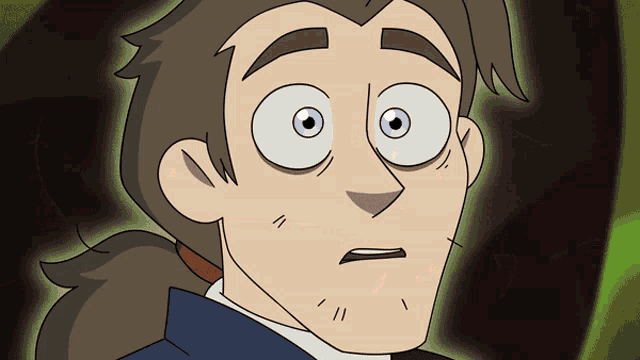 a cartoon of a man with a ponytail and blue eyes